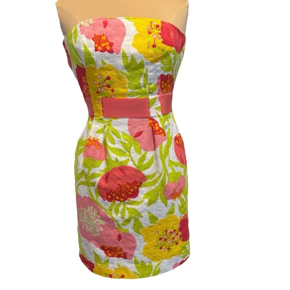 Lilly Pulitzer Strapless Dress Pink White Green Yellow 100% Cotton Floral size 4 - Picture 2 of 13